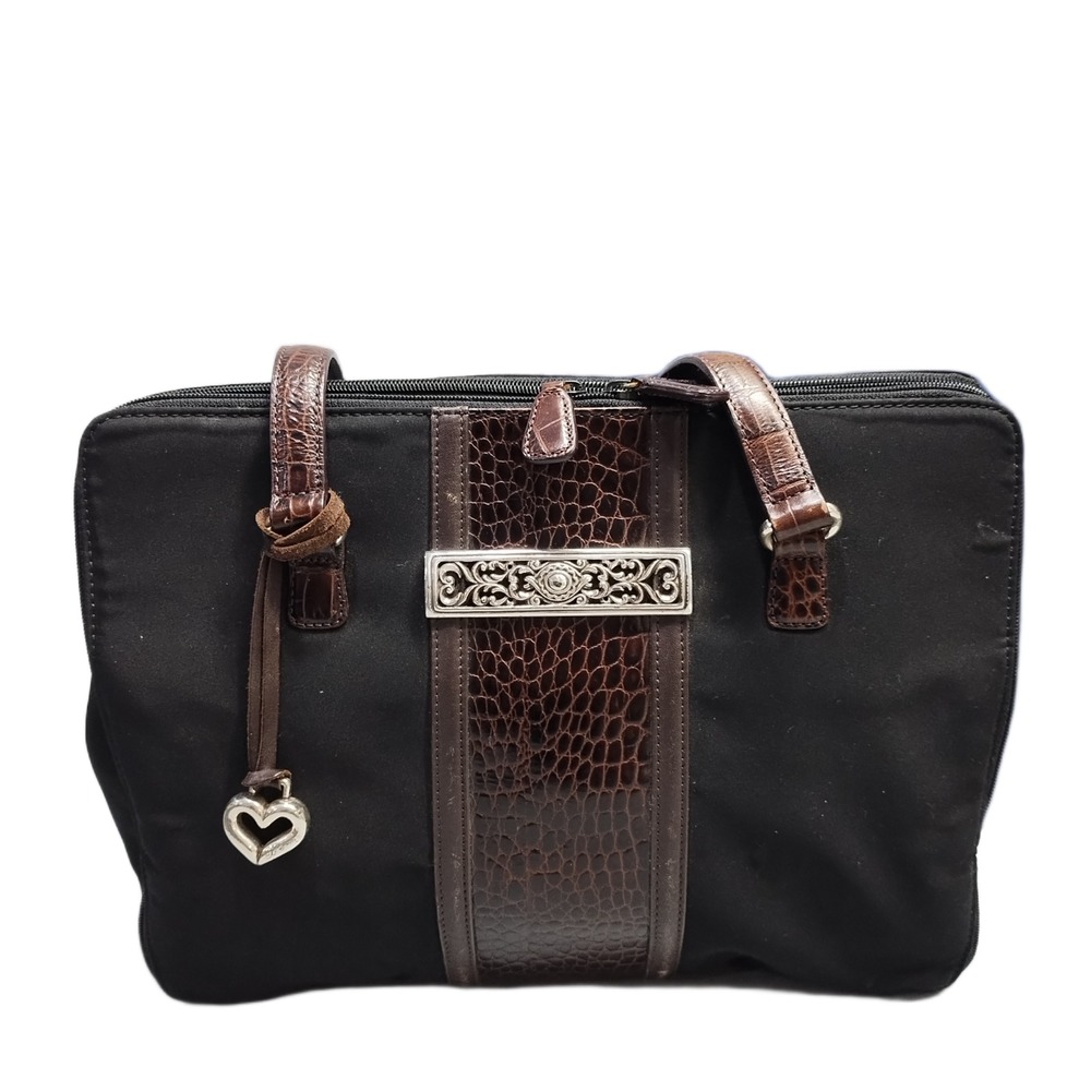 Brighton One World Satchel Briefcase Womens Black Brown Croc-Embossed Classic